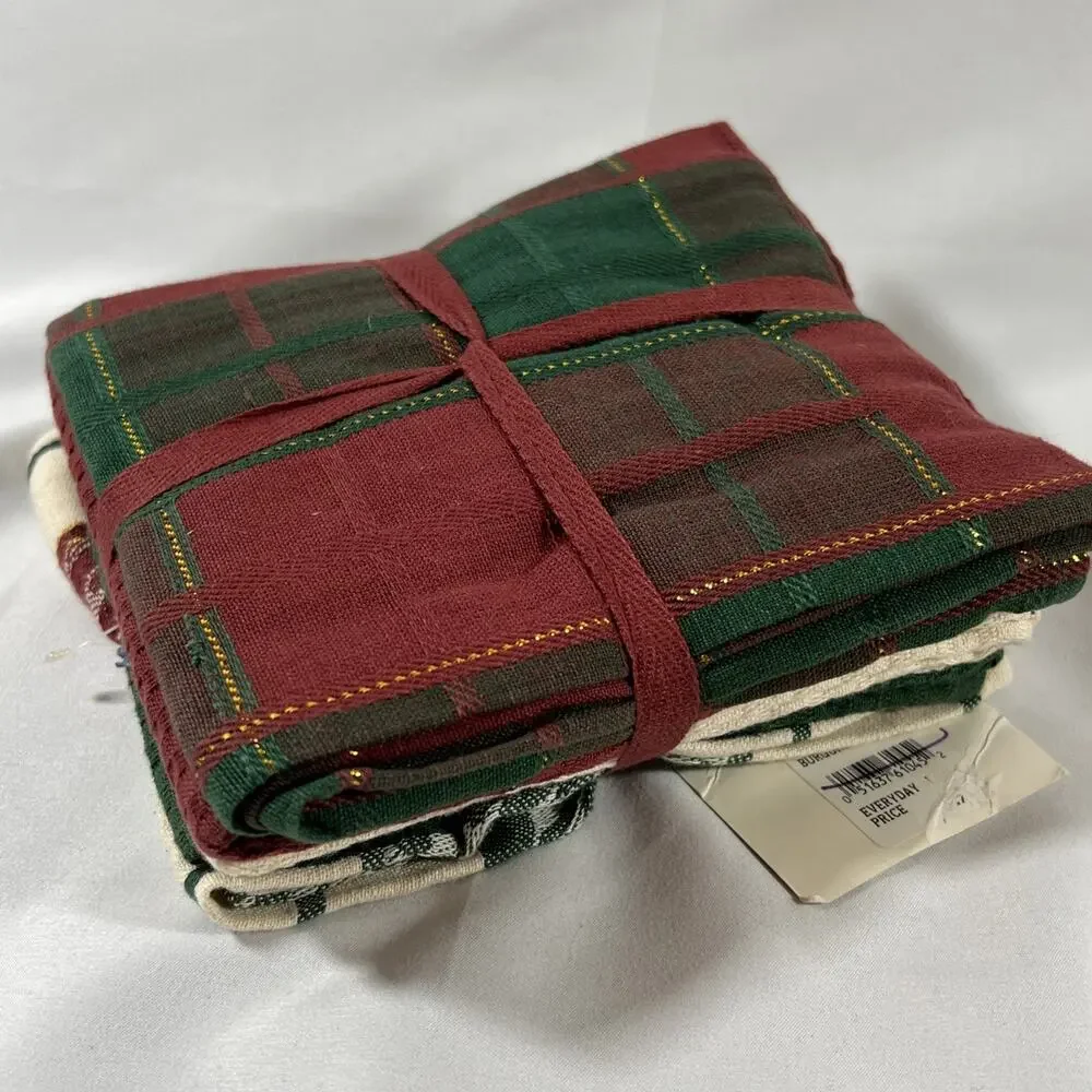 Vintage Set of 5 Cotton Dish Tea Towels Everyday or Christmas Burgundy Hunter